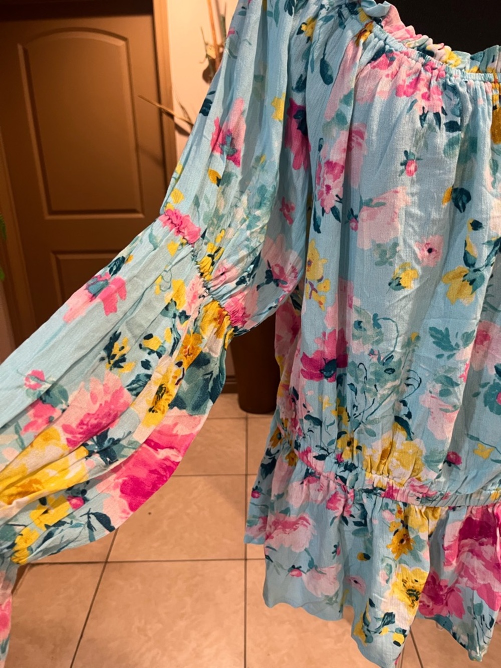 Light Blue Floral Ruffled Peasant Blouse - Women's Top - Picture 3 of 6